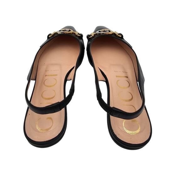 Gucci GG Horsebit Zumi Slingback Flat Black Leather Gold Silver Size 37 US 7 - Picture 6 of 12